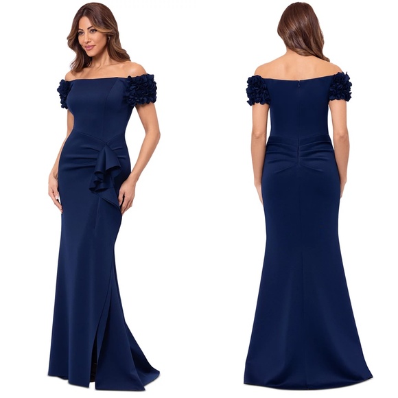 NEW XSCAPE Navy ROSETTE Floral SLEEVE Off The Shoulder RUCHED Scuba Crepe GOWN 6 - Picture 1 of 16